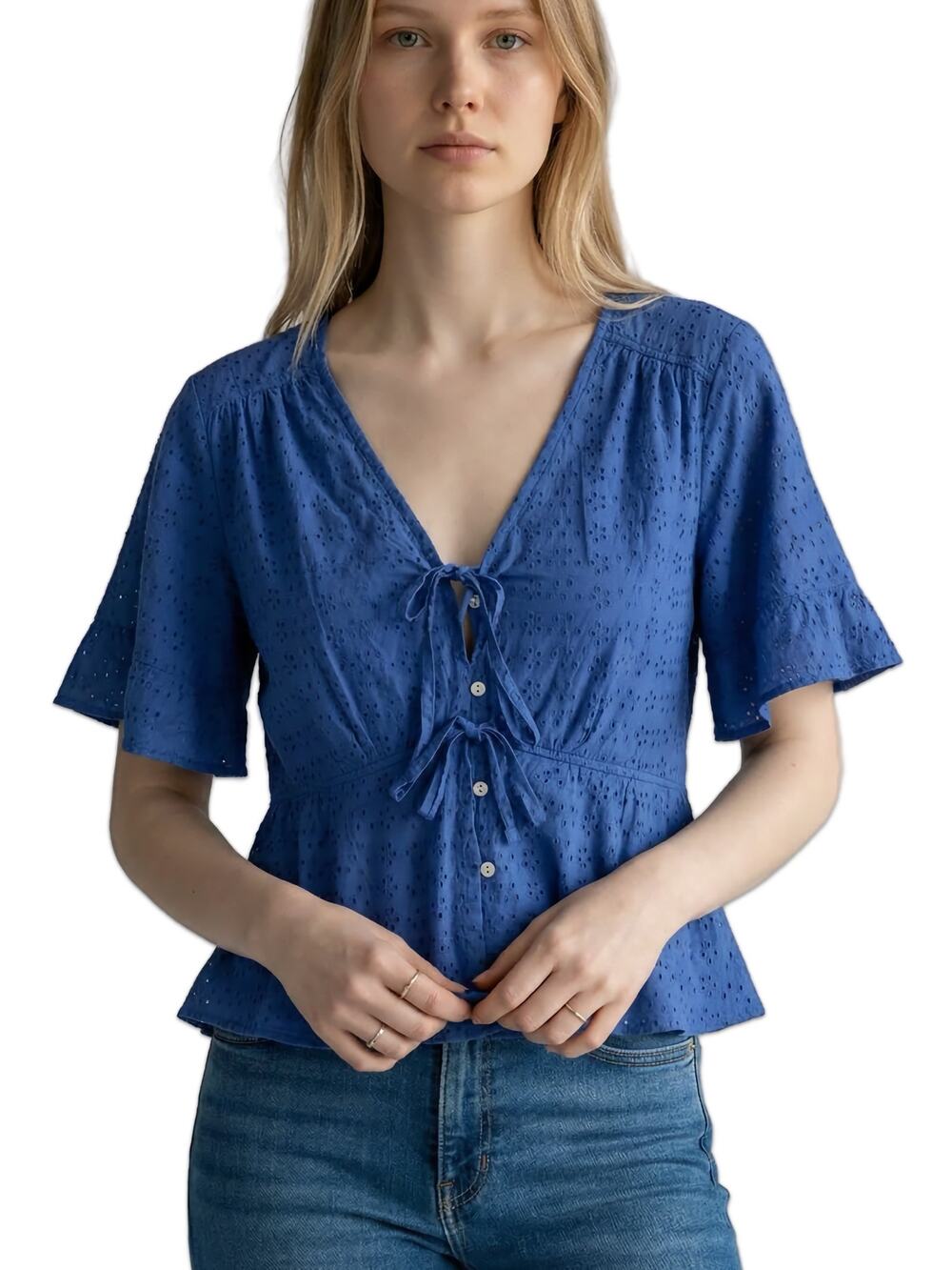 Joie Blue Cotton Eyelet Blouse Tie Front Flutter Sleeve Peplum Top Size XL